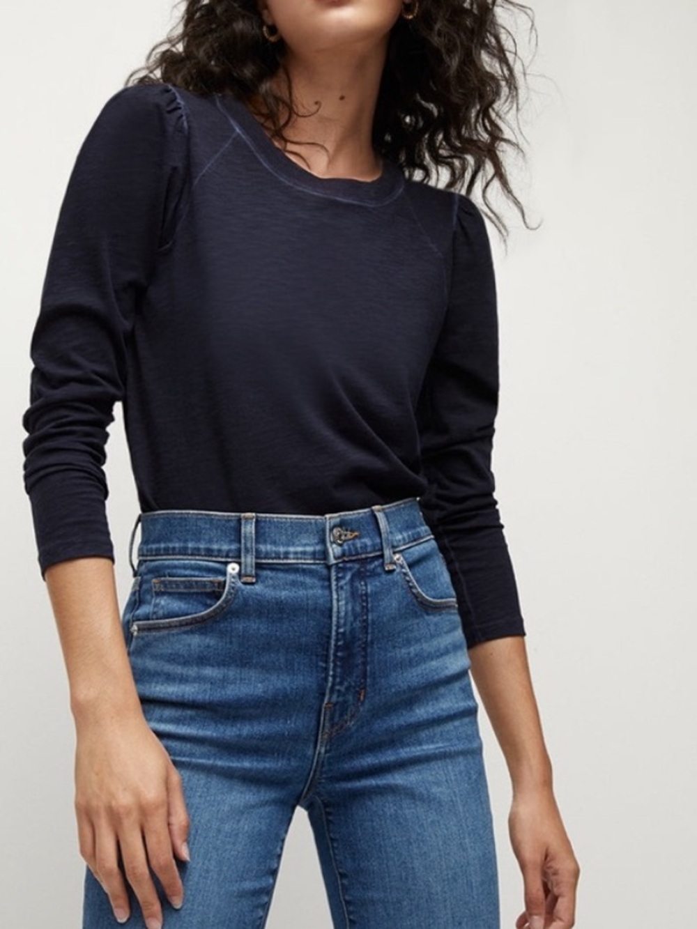 Veronica Beard Navy Blue Pima Cotton Long Puff Sleeve Top Casual Luxury Size S